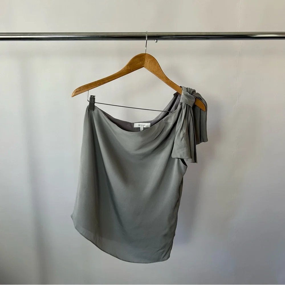 Milly Cindy One-Shoulder Stretch Silk Top in gray size Large. - Picture 2 of 14